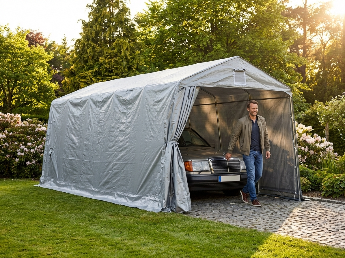 Portable garage in grey with polyethylene tarpaulin and steel frame - view 3
