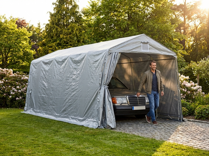 Portable garage in grey with polyethylene tarpaulin and steel frame - view 3