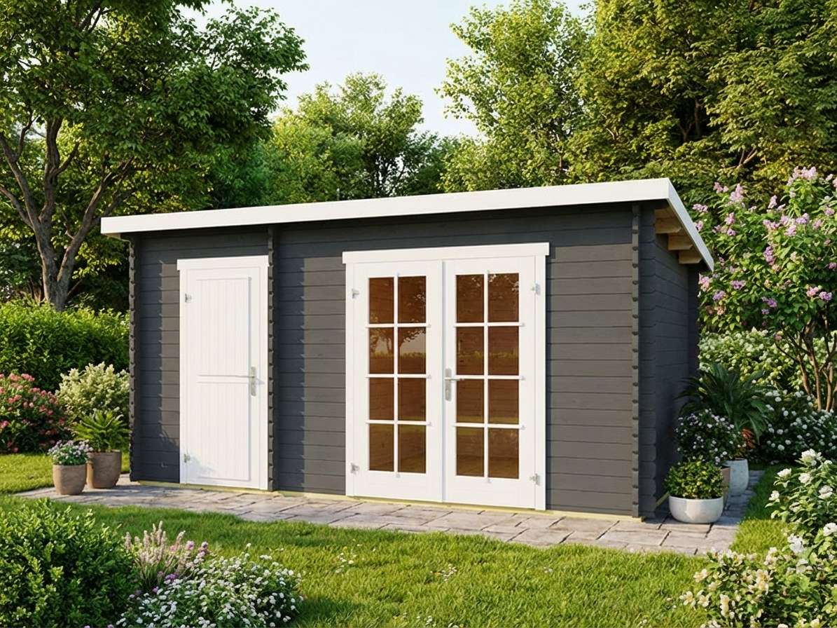 Dark grey wooden shed made from Nordic Spruce for outdoor storage