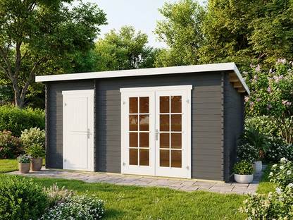 Dark grey wooden shed made from Nordic Spruce for outdoor storage