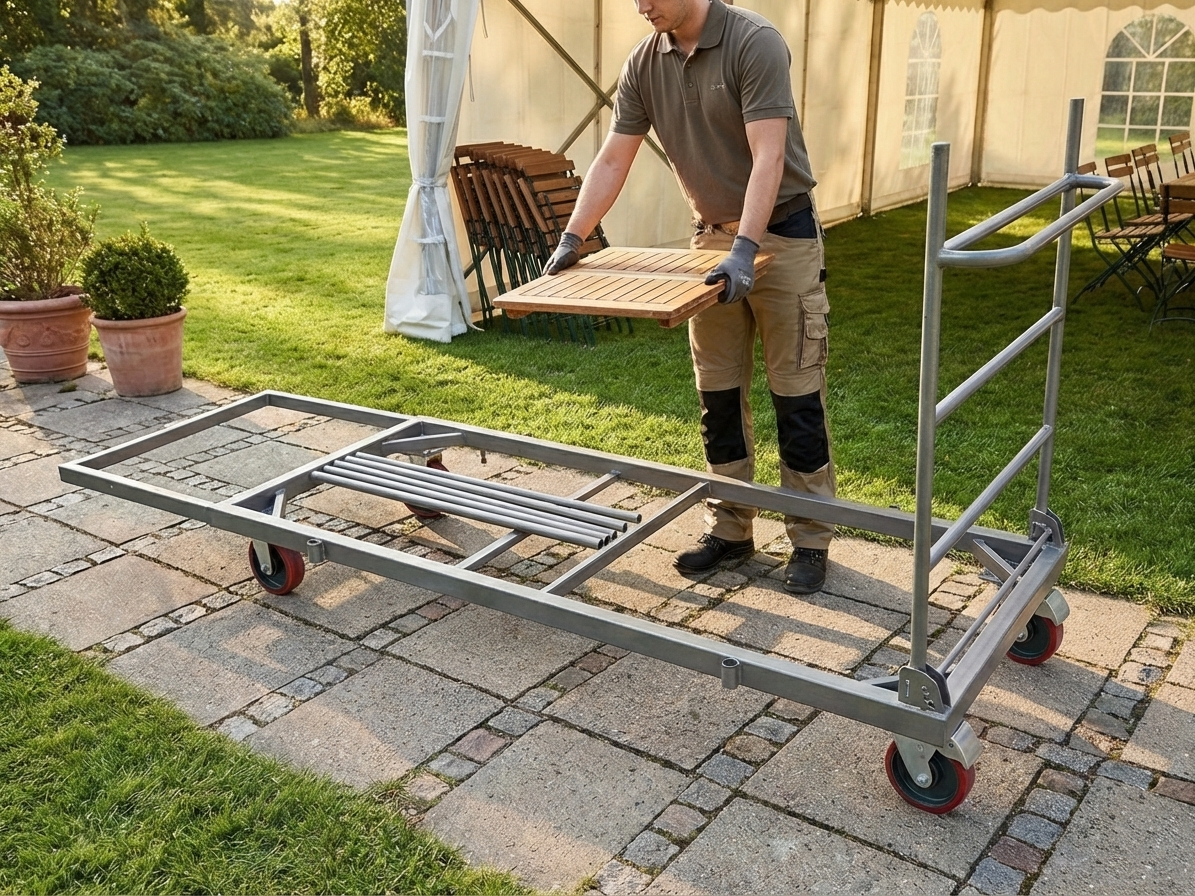 Grey table trolley with extendable length and steel frame