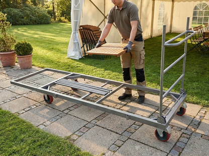 Grey table trolley with extendable length and steel frame