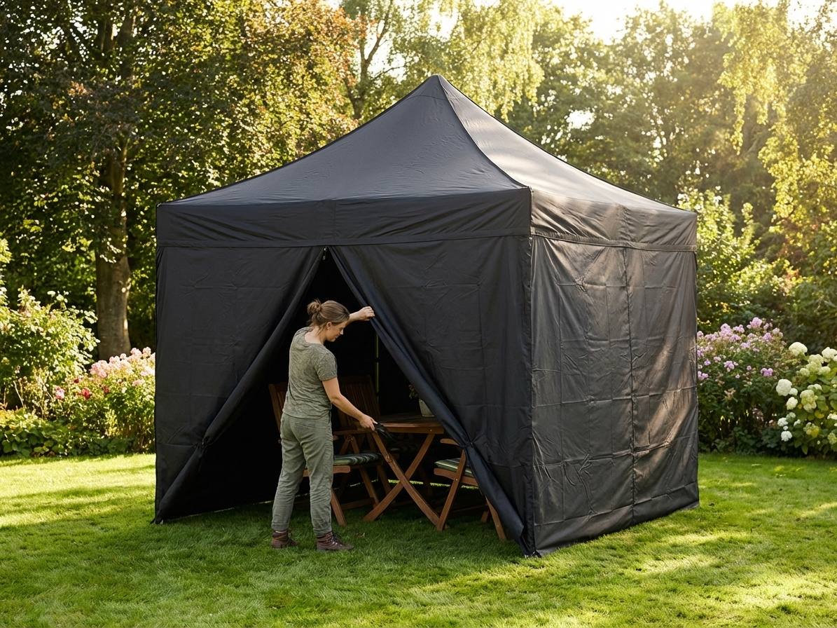 Black pop up gazebo 3x3m with flame retardant material for outdoor events