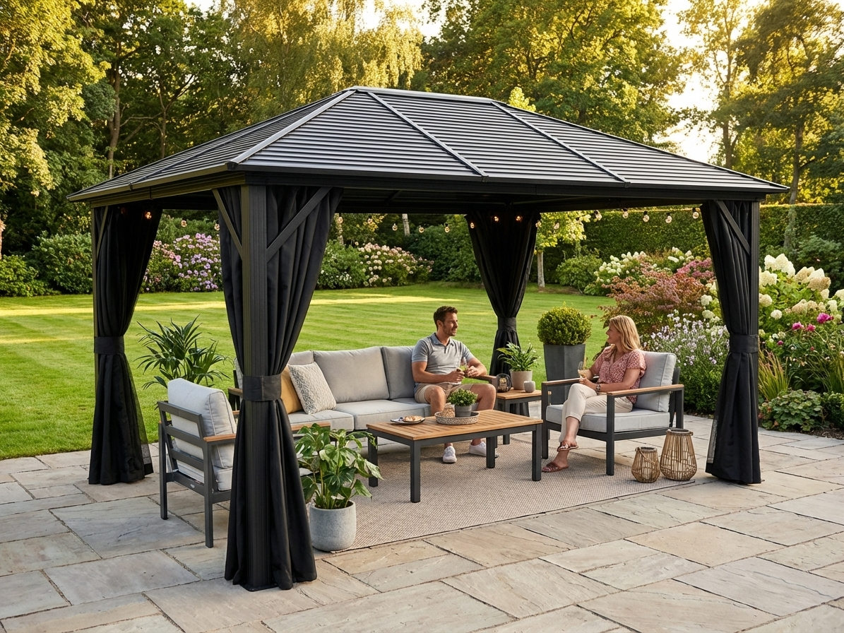 Black 3x4m gazebo with aluminium frame and steel roof