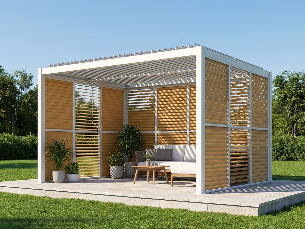 Louvre wall for bioclimatic pergola in wood finish and white aluminium