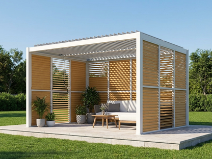 Louvre wall for bioclimatic pergola in wood finish and white aluminium