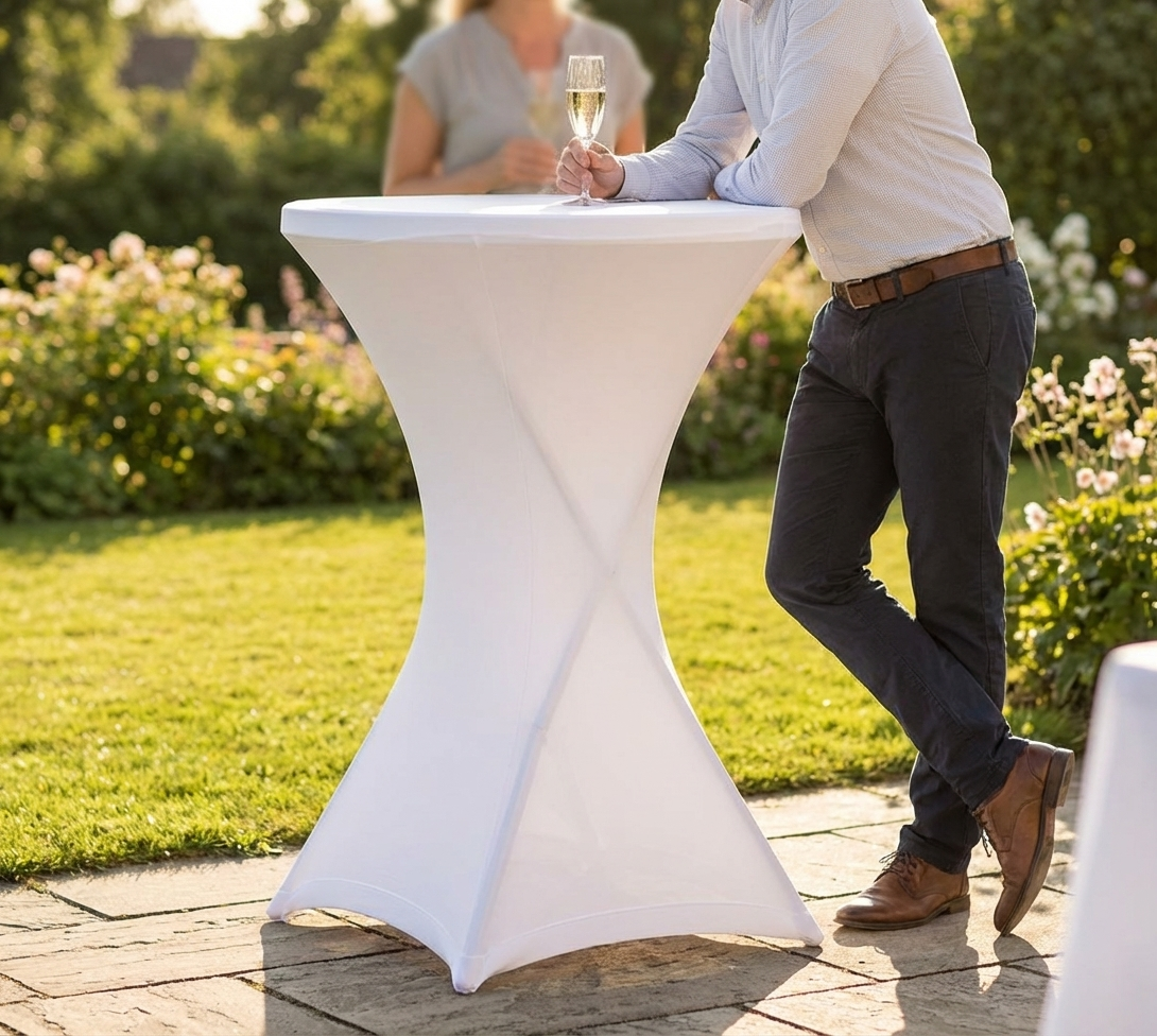 White stretch table cover for events and trade shows
