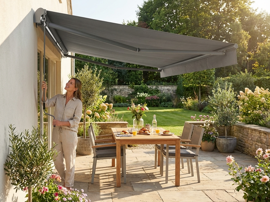 Grey awning with crank handle and aluminium frame for outdoor use - product detail