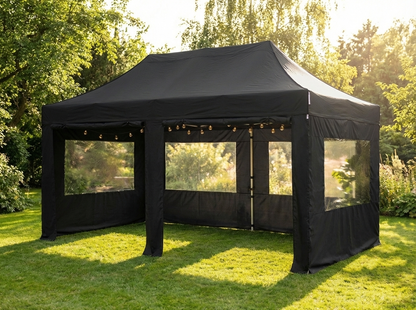 Black pop-up gazebo with steel frame for outdoor use