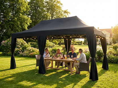 Pop Up Gazebo in Black with Steel Frame and Decorative Curtains - product detail