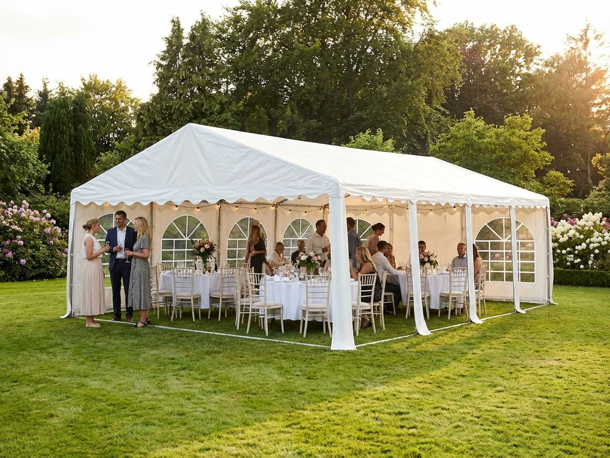 White 5x10 m marquee tent with steel frame for outdoor use