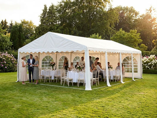 White 5x10 m marquee tent with steel frame for outdoor use