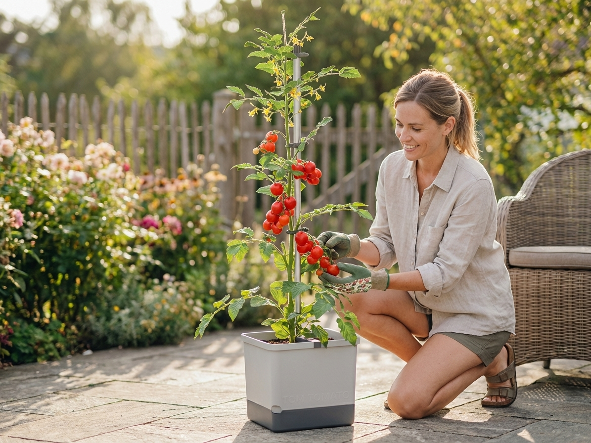 Light grey garden planter with stake and water tank