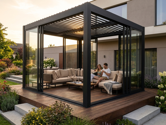 Aluminium Pergola Gazebo with sliding doors, 4x4 m in black - product detail