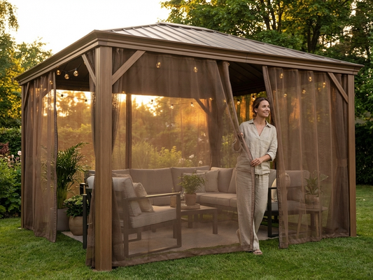 Brown mesh gazebo curtain for 3x4m setup