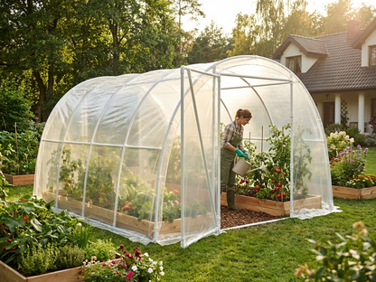 Polytunnel greenhouse with transparent foil and plastic frame - product detail