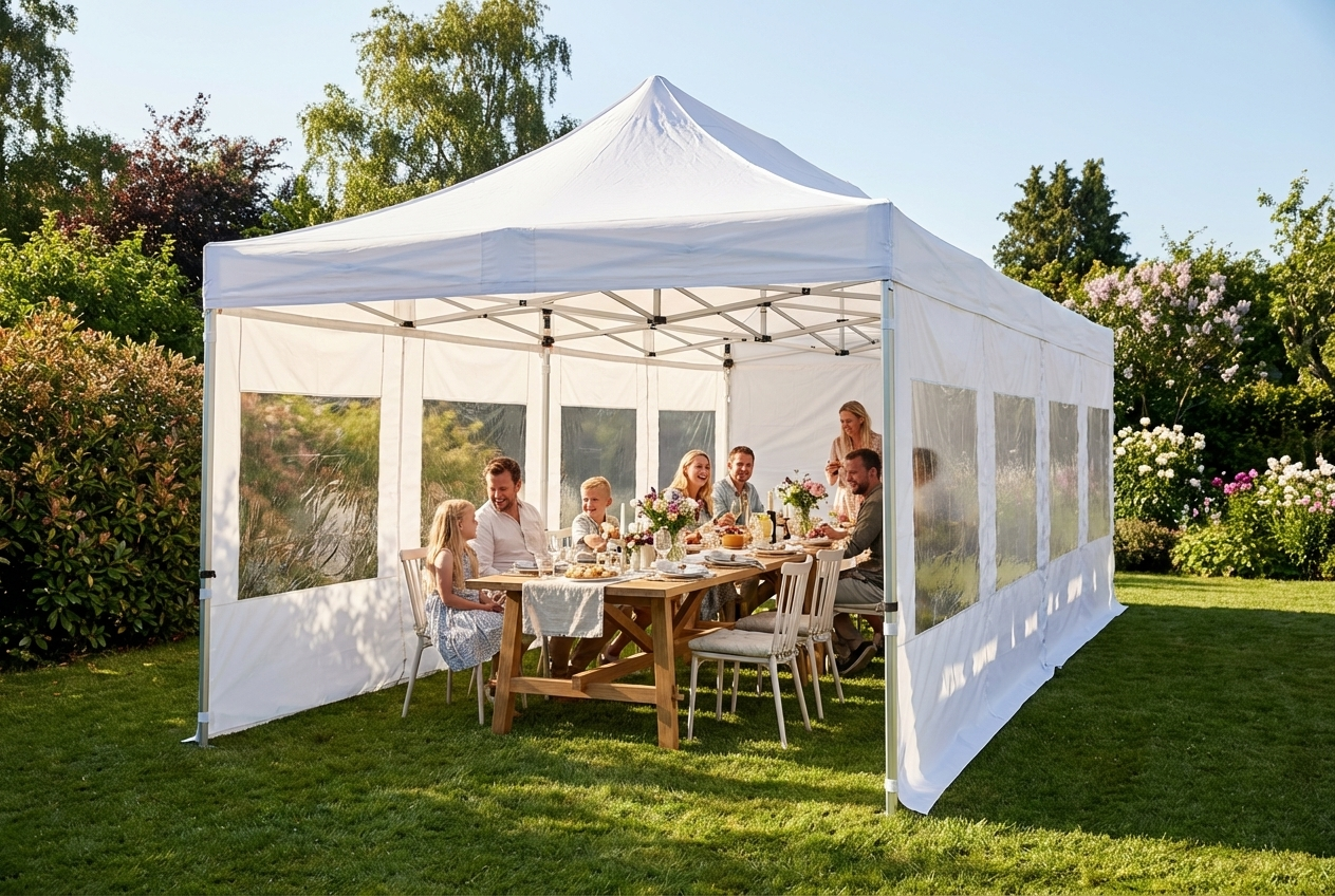White pop up gazebo 4x12m with aluminium frame for outdoor events