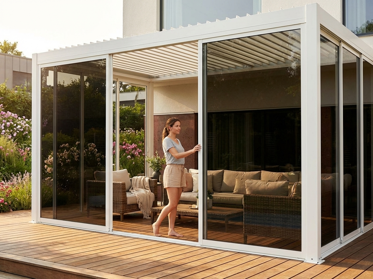 Sliding door set with tempered glass for pergola use