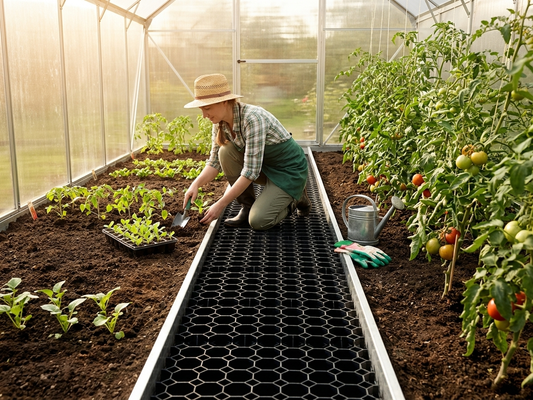 Greenhouse track separator made of galvanised steel and HDPE for ground reinforcement