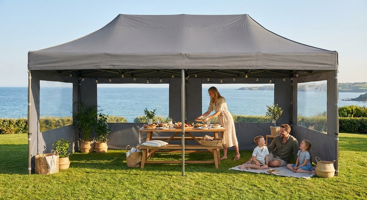 Grey pop-up gazebo with steel frame, perfect for outdoor events - product detail