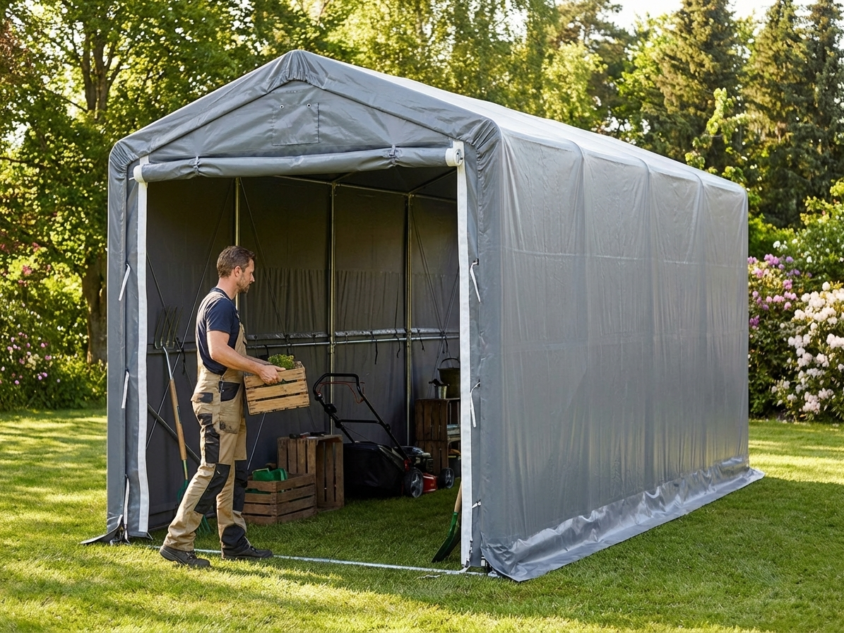 PVC storage shelter in grey with galvanised steel frame for industrial use - view 3