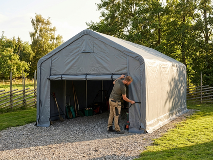 Grey storage shelter end wall made from polyethylene tarpaulin - view 3
