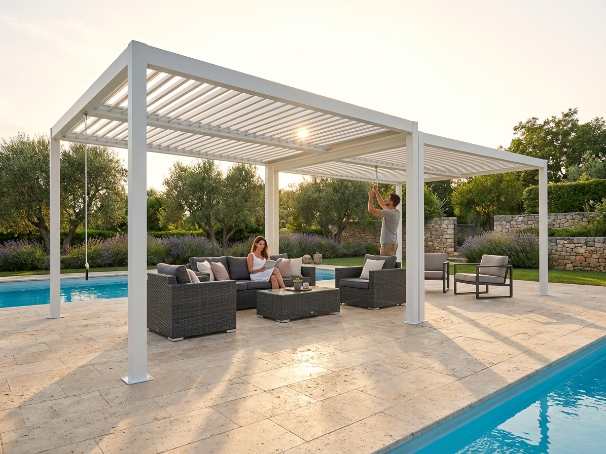 Bioclimatic Pergola Gazebo in White Aluminium for Outdoor Use - product detail