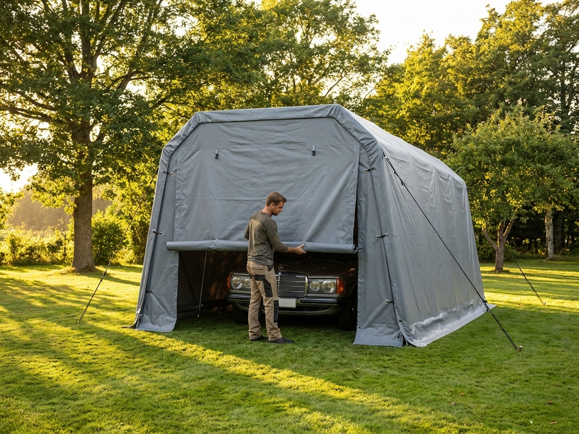 Grey portable garage endwall made of polyethylene tarpaulin - view 3