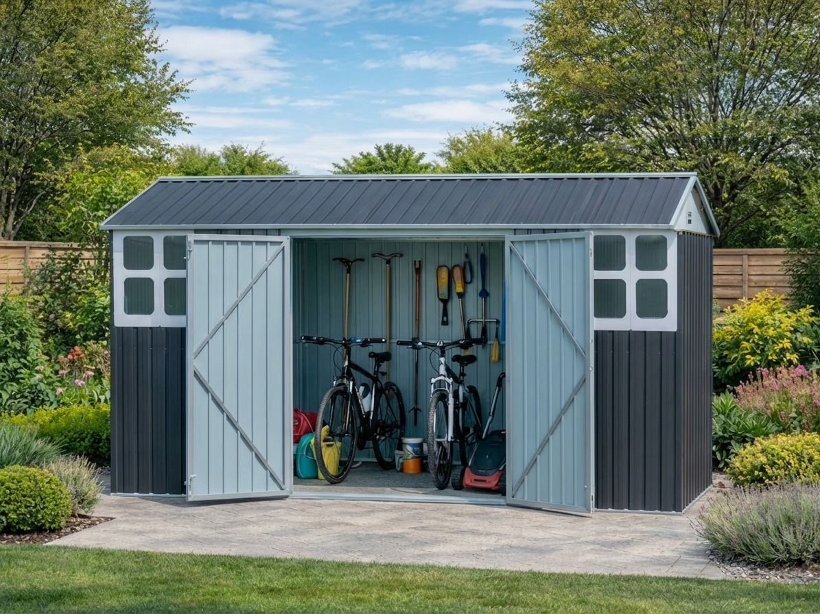 Garden shed in galvanised steel with double doors for outdoor storage