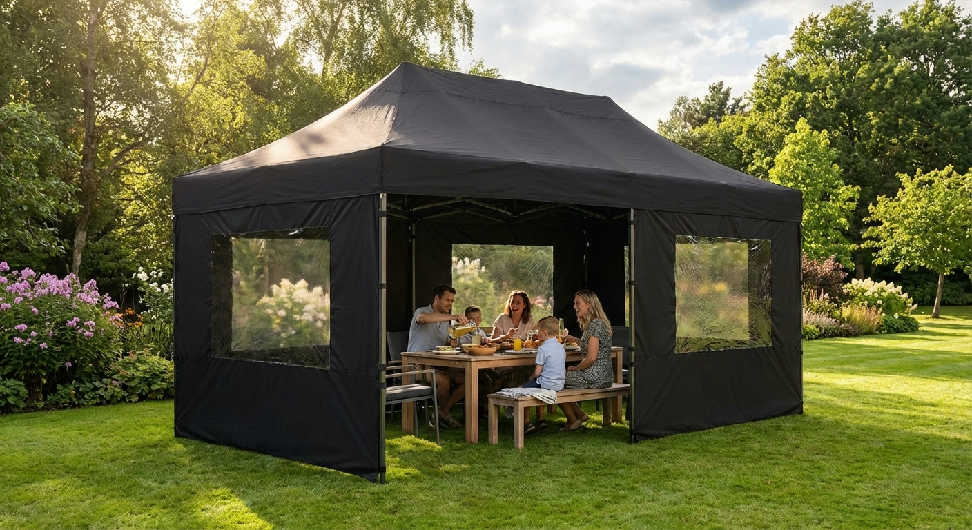 Black pop-up gazebo with steel frame for outdoor use - view 3