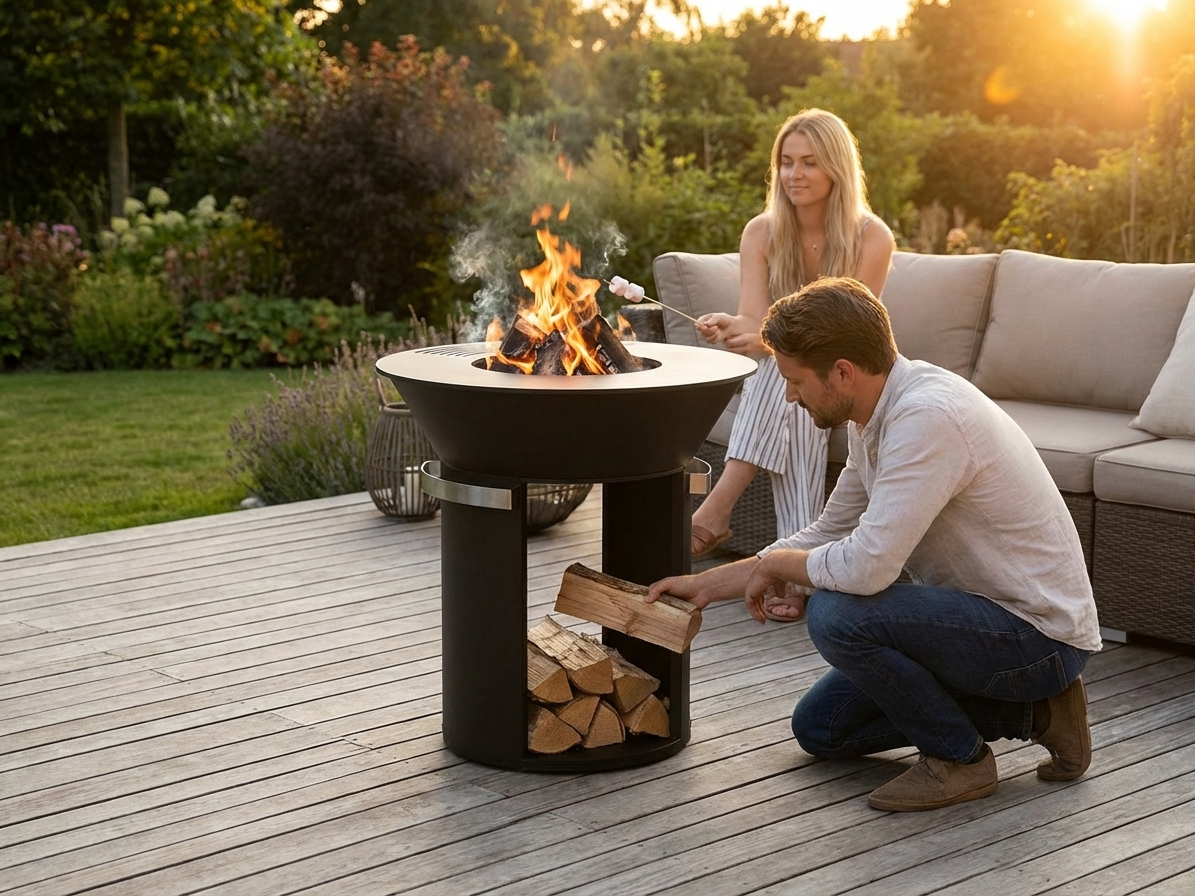 Black fire bowl with wood storage made of carbon steel - product detail