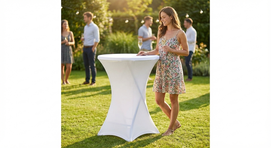 White stretch table cover for events and trade shows - product detail