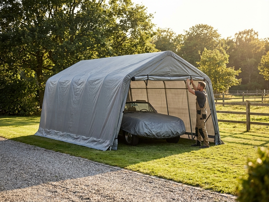Portable grey garage with steel frame and PE tarpaulin for outdoor use