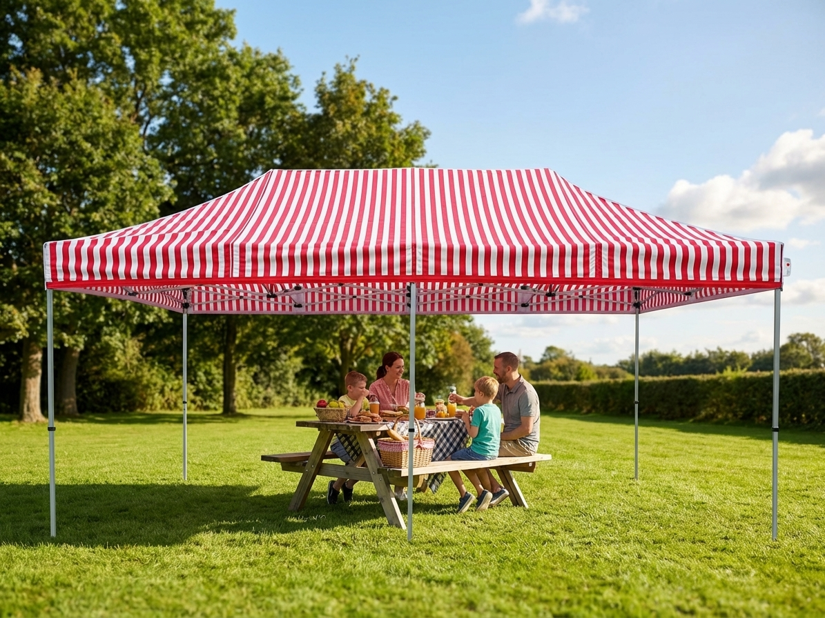 Pop up gazebo with steel frame, white and red canopy - product detail