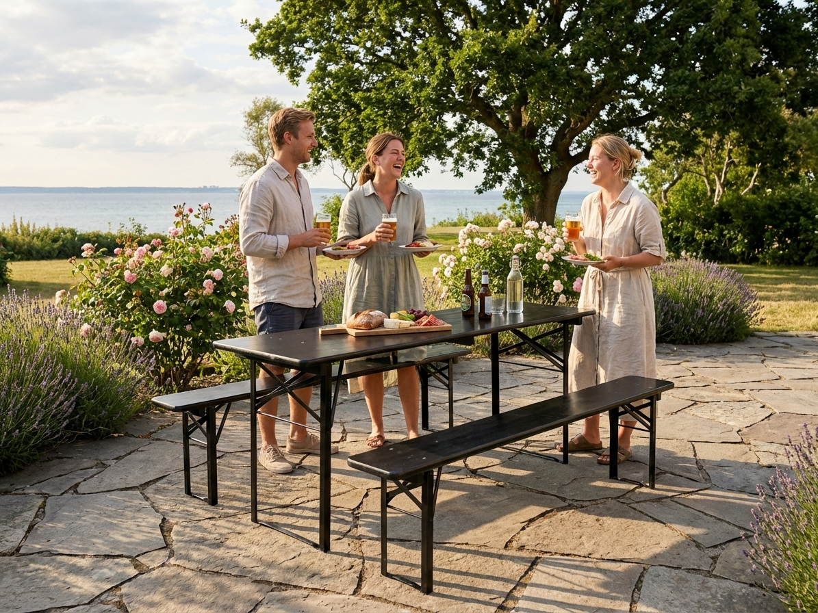 Black beer table set with pinewood top and steel frame - product detail