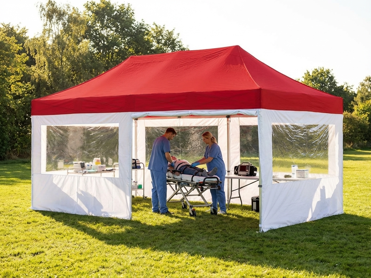 Red and white pop-up gazebo with aluminium frame for medical use - product detail