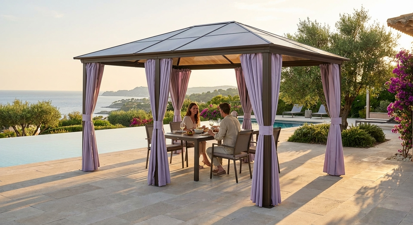 3x4m brown gazebo with aluminium frame and polycarbonate roof - product detail