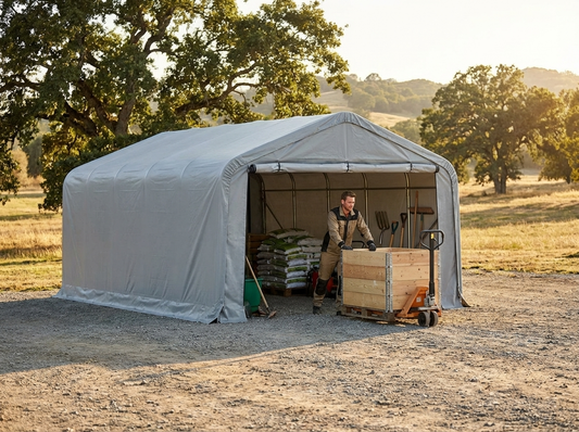 Grey 6x6 storage shelter with durable PVC and steel frame - product detail