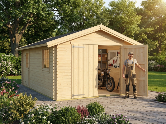 Wooden garage made of Nordic Spruce in natural finish - product detail