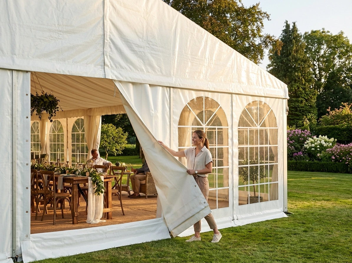 White PVC endwall for outdoor events with large window and wide door