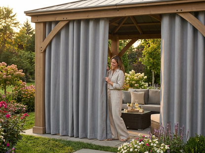 Grey gazebo curtains made of mesh for outdoor use