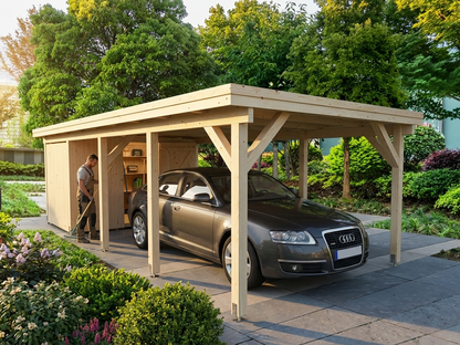 Natural wooden carport with shed made from Nordic Spruce
