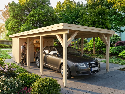 Natural wooden carport with shed made from Nordic Spruce