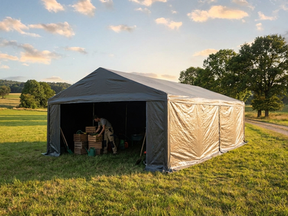 Grey storage tent 6x8 m with PE tarpaulin and steel frame
