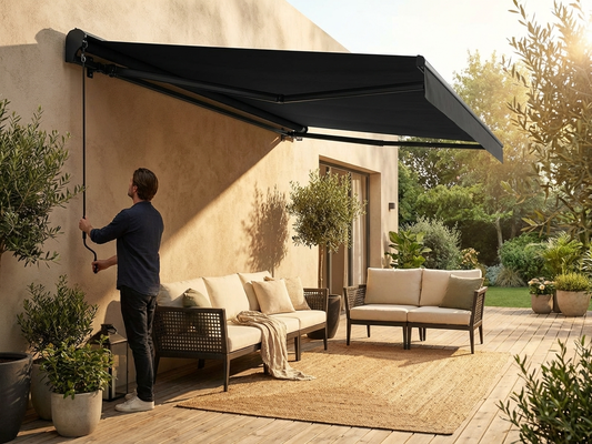 Black awning with crank handle for outdoor use - product detail