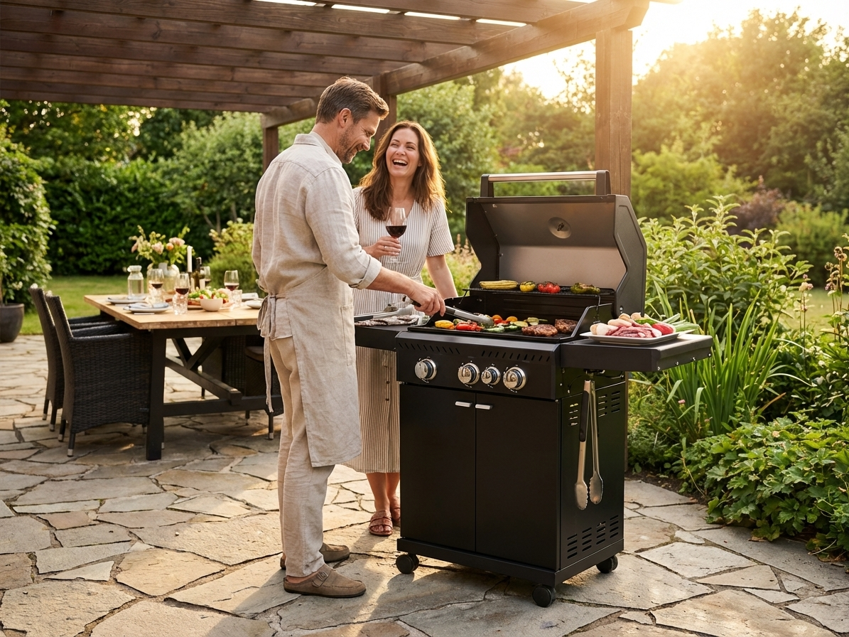 Black BBQ gas grill with powder coated steel for outdoor cooking - view 3