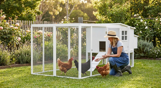 White chicken coop run with Chinese fir construction for domestic use