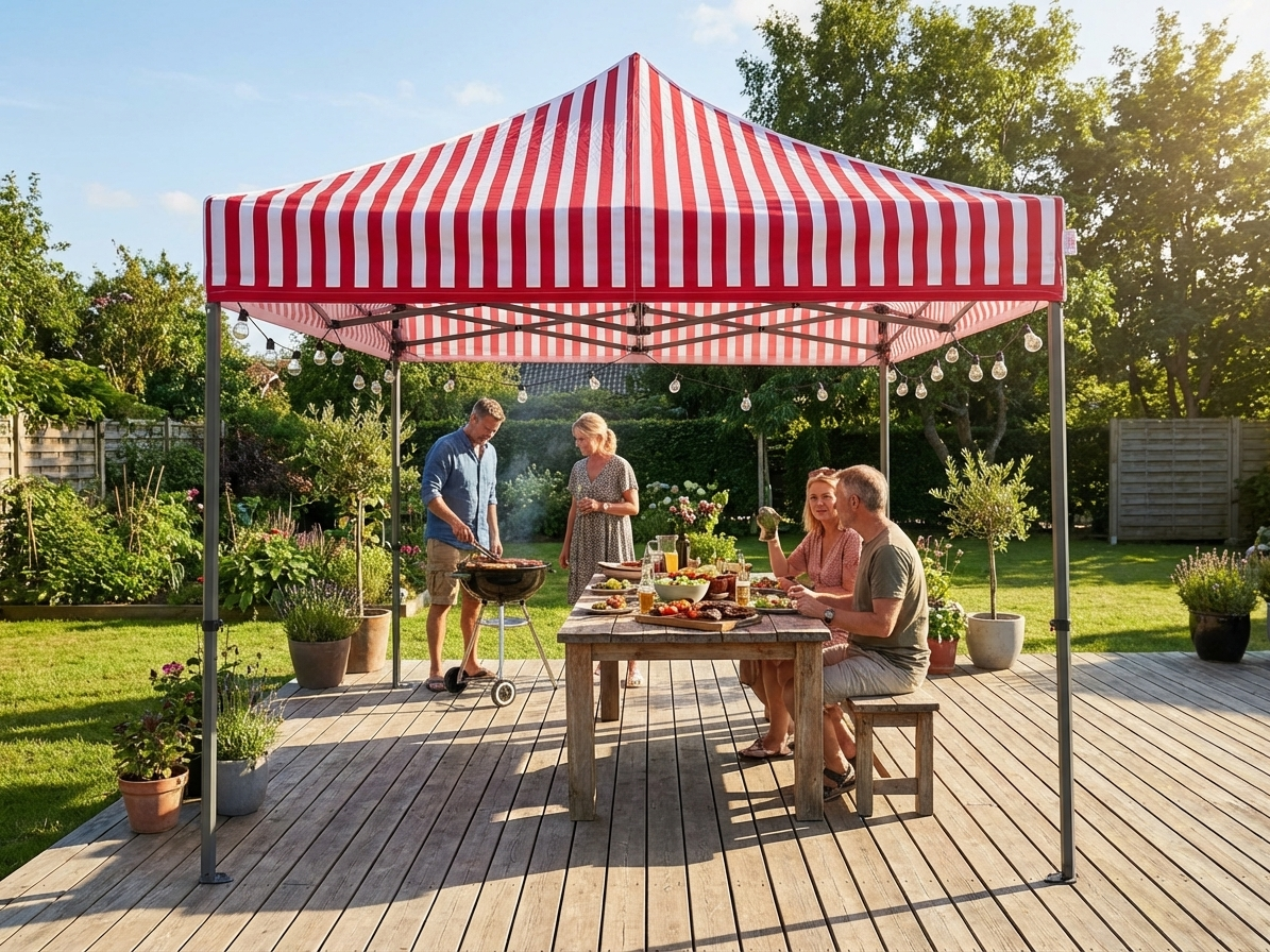 Pop up gazebo 3x3m in white and red with steel frame, ideal for outdoor events - product detail
