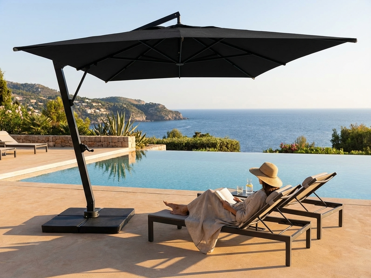 Black cantilever parasol with aluminium frame, ideal for garden use - product detail