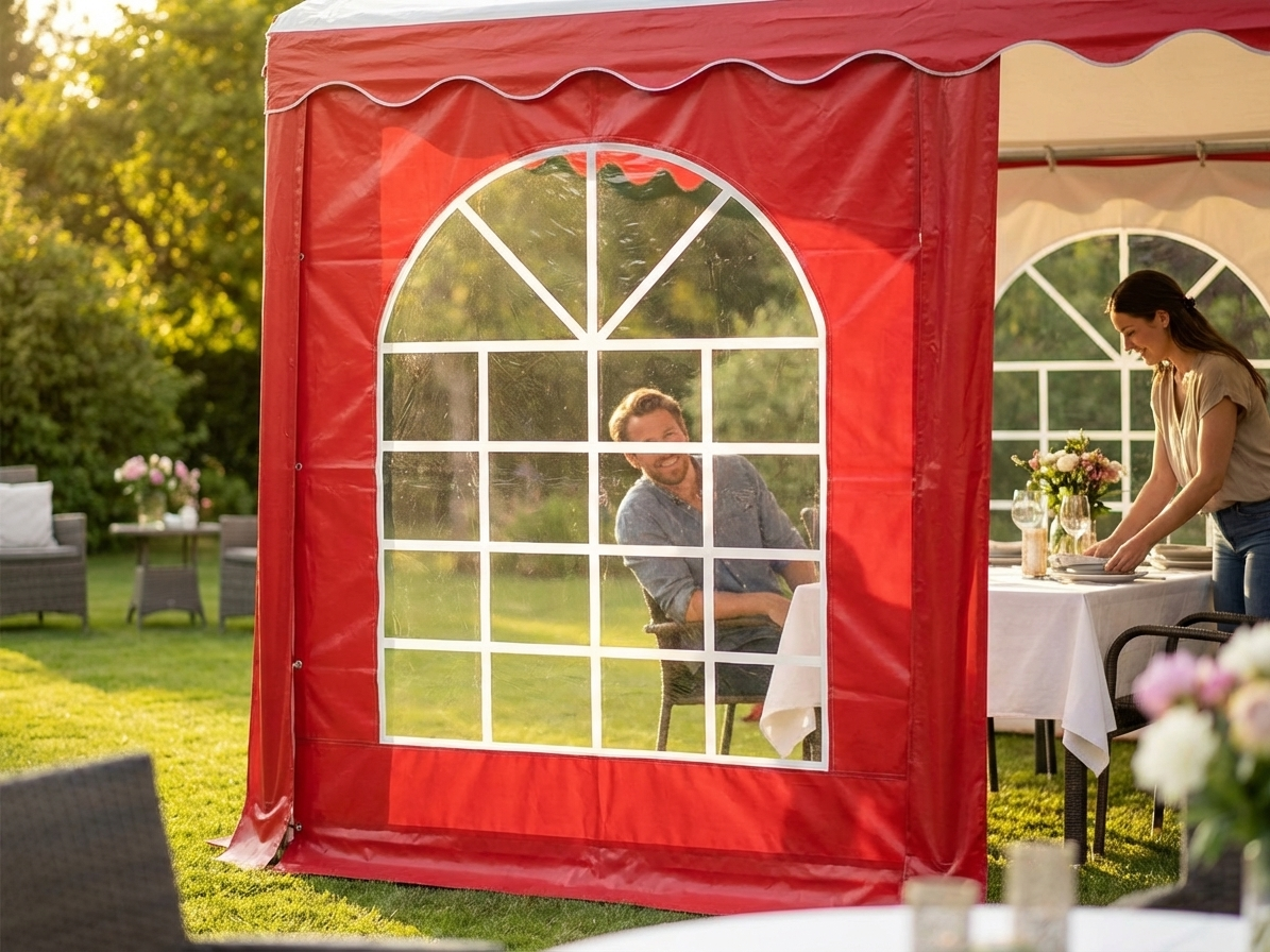 Red marquee sidewall with window, suitable for outdoor events